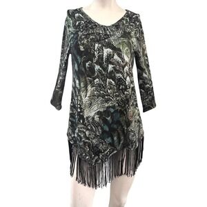 New Directions Womens Top Tunic Small Abstract Fringe Hem‎ Blouse Boho Festival